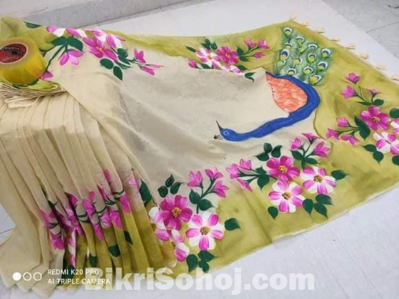 Colourful Half Silk Hand Print Saree